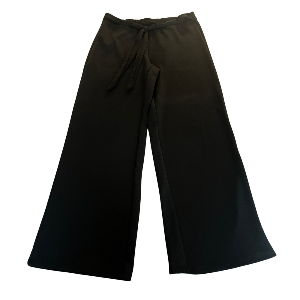 Hot Kiss Womens Black Wide Leg Pants Textured Crepe Tie Waist Large (1195)
